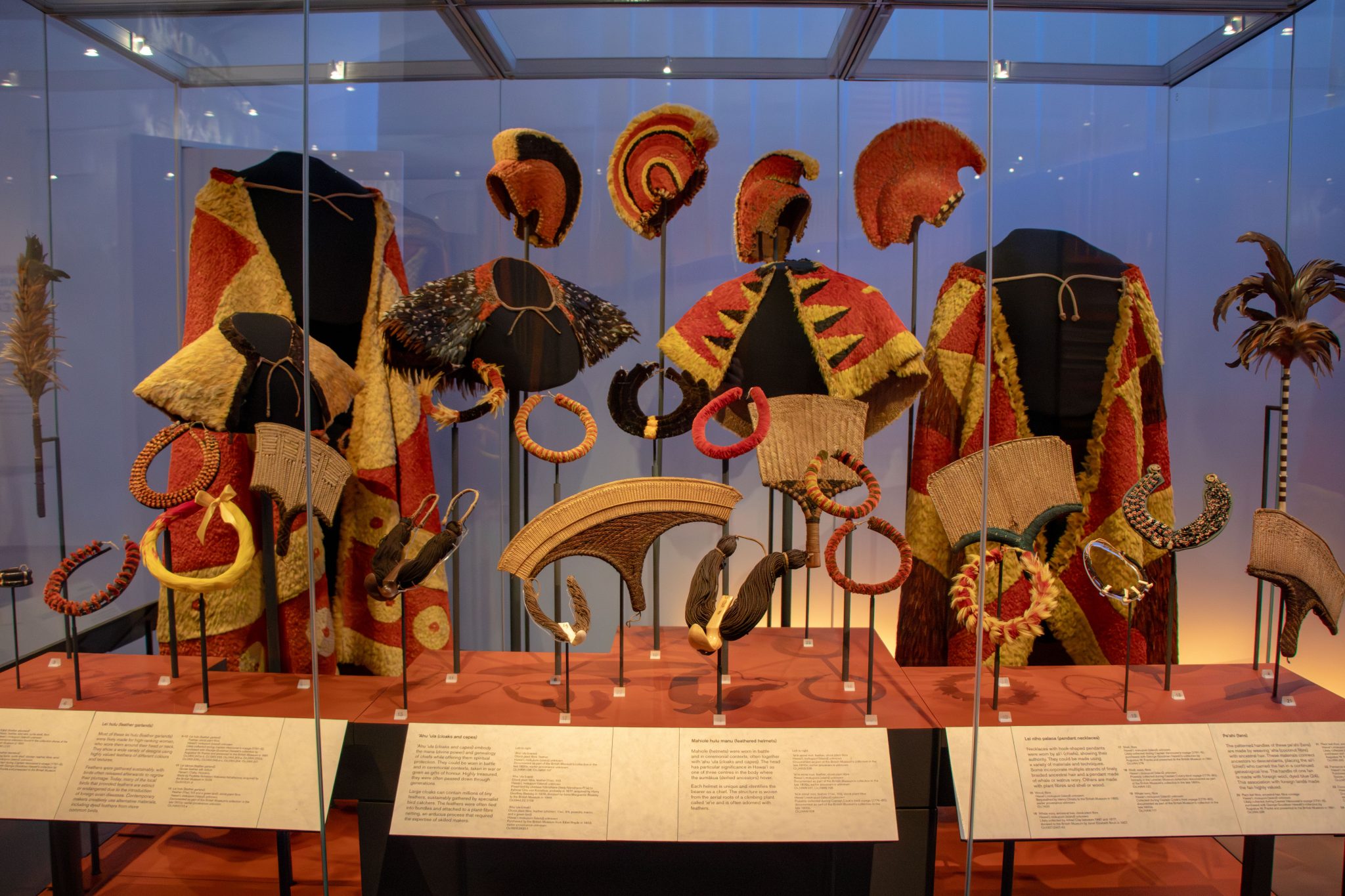 Hawai’i exhibition aims for “deeper understanding” 1 Featherwork ornaments on display that evoke a gathering of ali‘i chiefs © The Trustees of the British Museum Photo by MKH scaled
