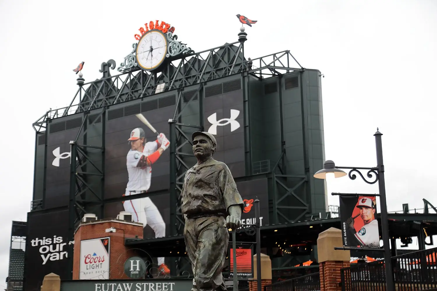 Babe Ruth statue outside of Oriole Park at Camden Yards the ballpark that is the home of the Baltimore Orioles.Maryland