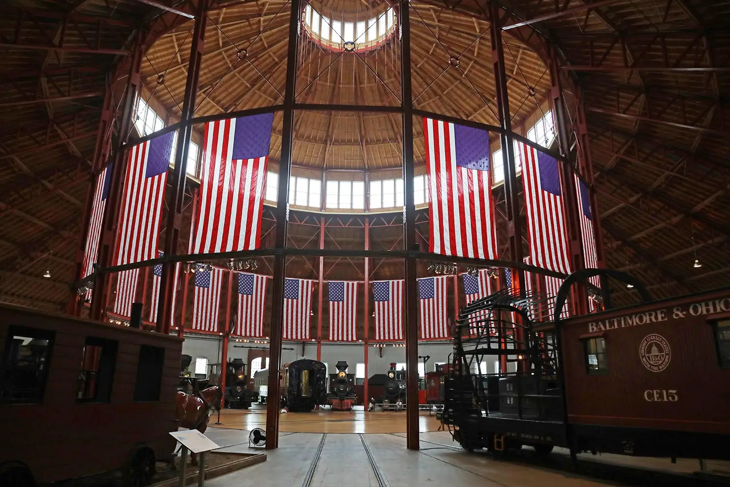 American flags flying at the Roundhouse at the Baltimore and Ohio Railroad Museum