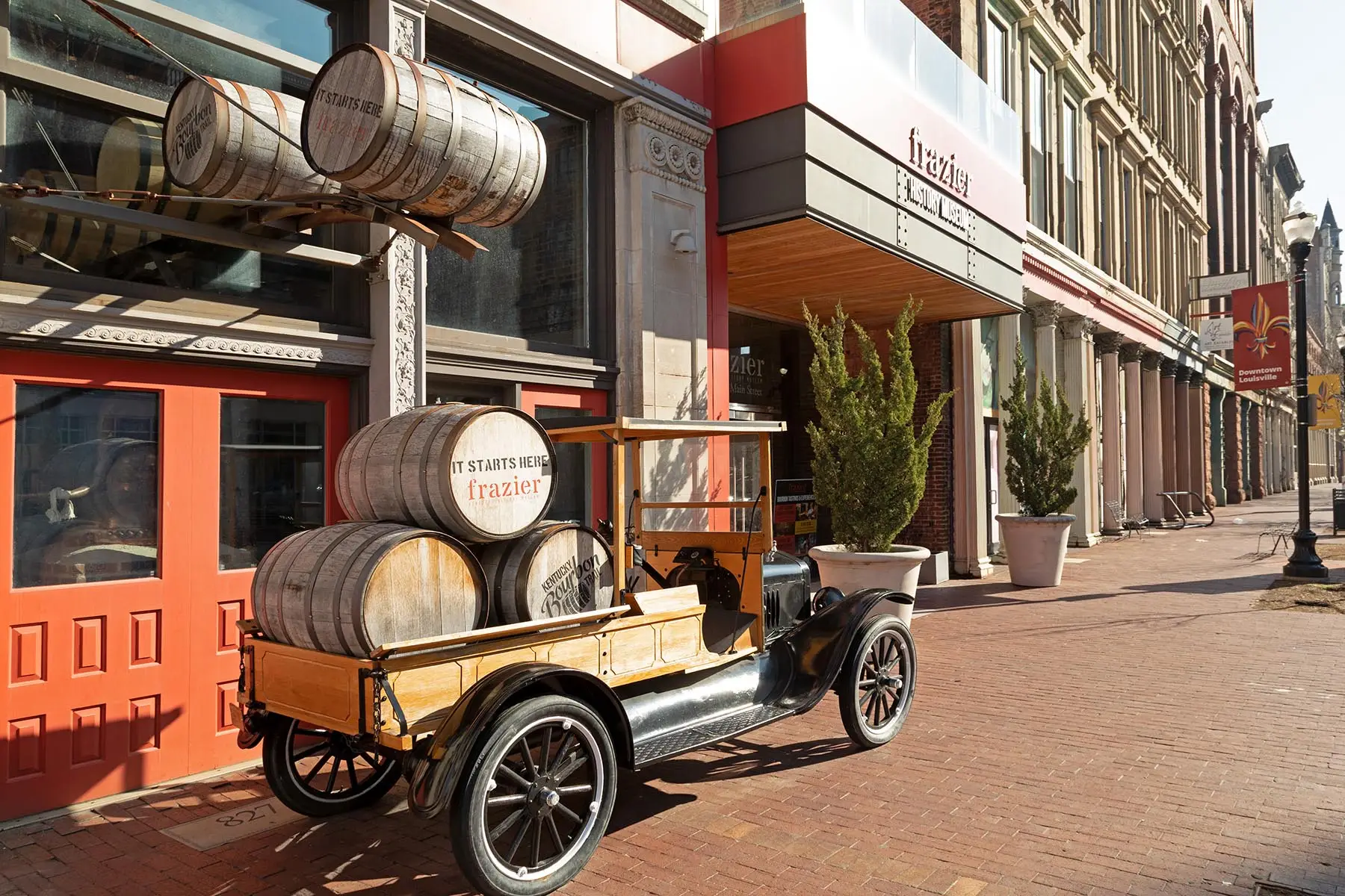 Bourbon barrels in a truck outside of the Frazier History Museum on Louisville's Museum Row.