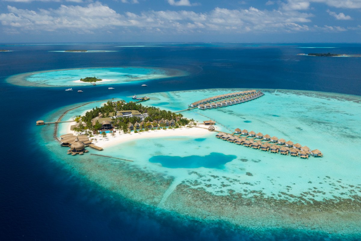 An aerial view of Outrigger Maldives resort