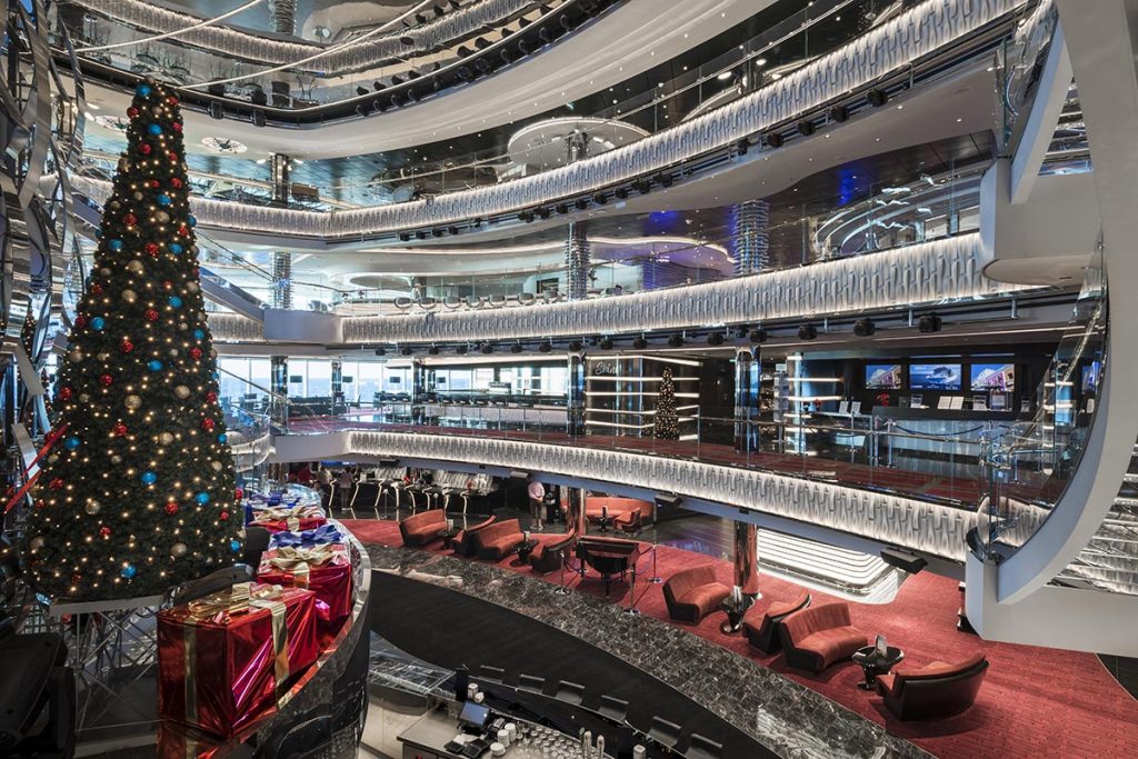A Christmas tree in the atrium of MSC Seaside.