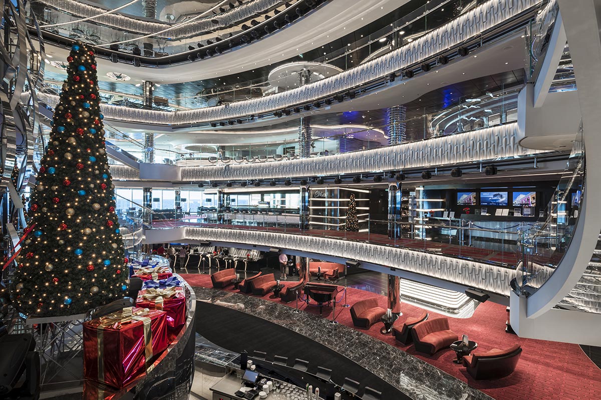 A Christmas tree in the atrium of MSC Seaside.