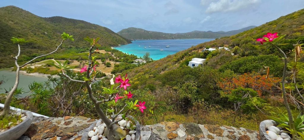 A view across lush hills and the ocean in Guana Island in the British Virgin Islands