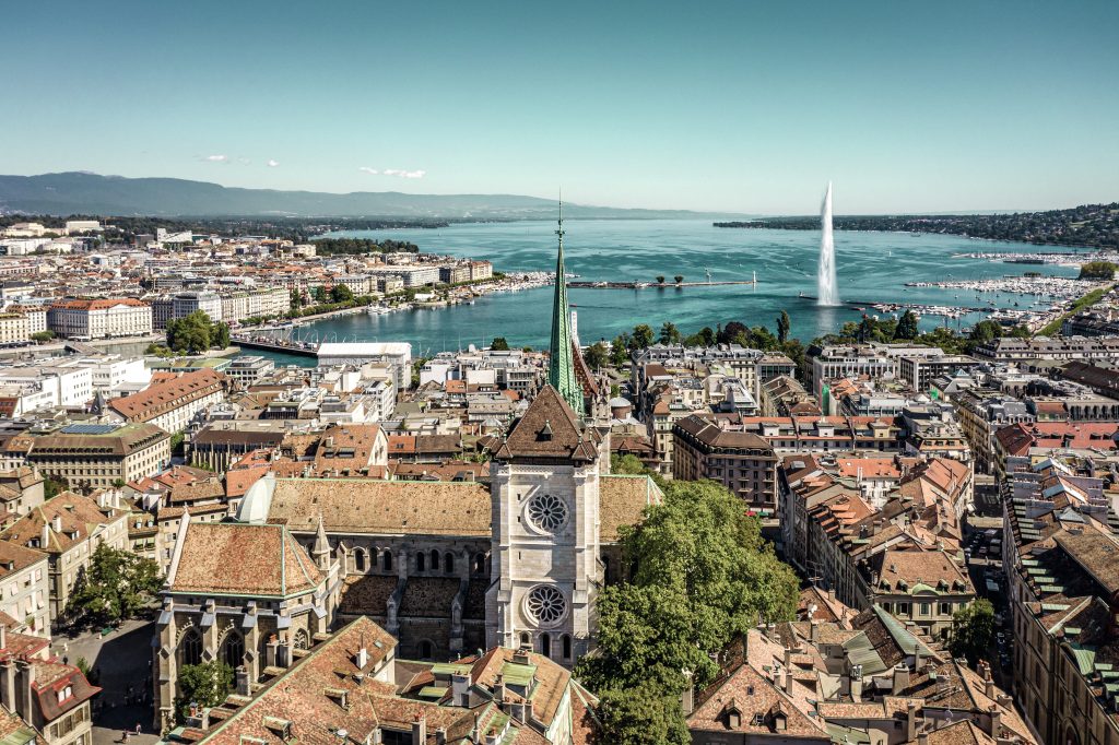 Aerial view of Kathedrale Genf in summer with sea and Jet d Eau