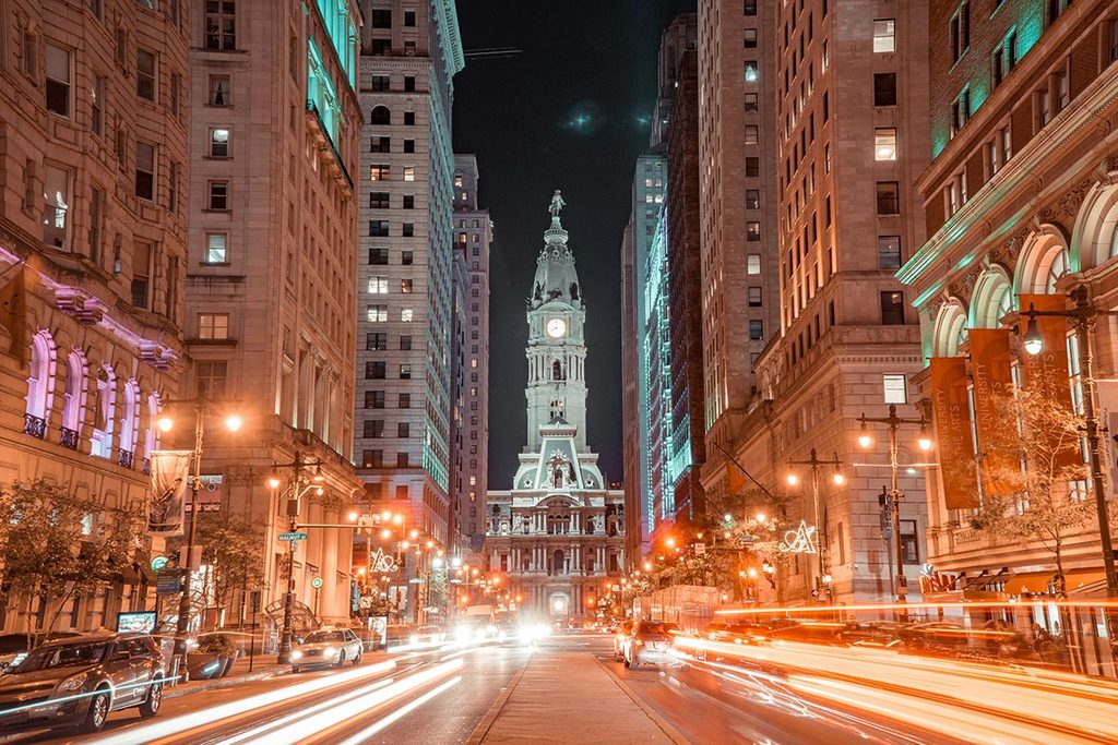 Philadelphia City Hall at night.