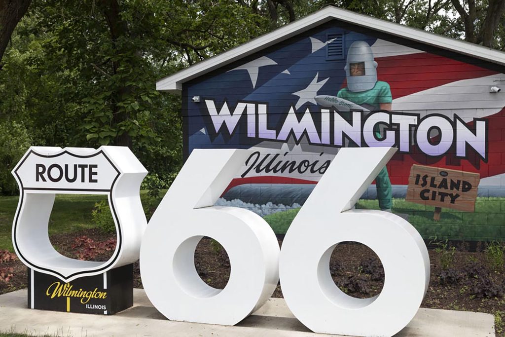 Route 66 sign at South Island Park on Route 66 in Wilmington, Illinois.