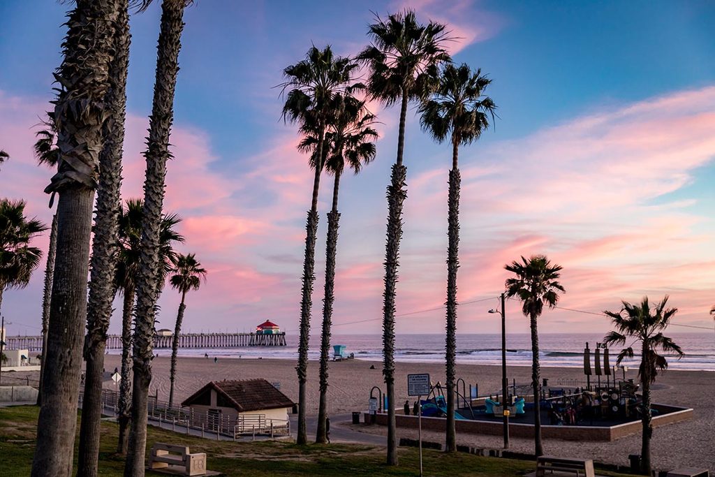 Sunset on Huntington Beach in Southern California.