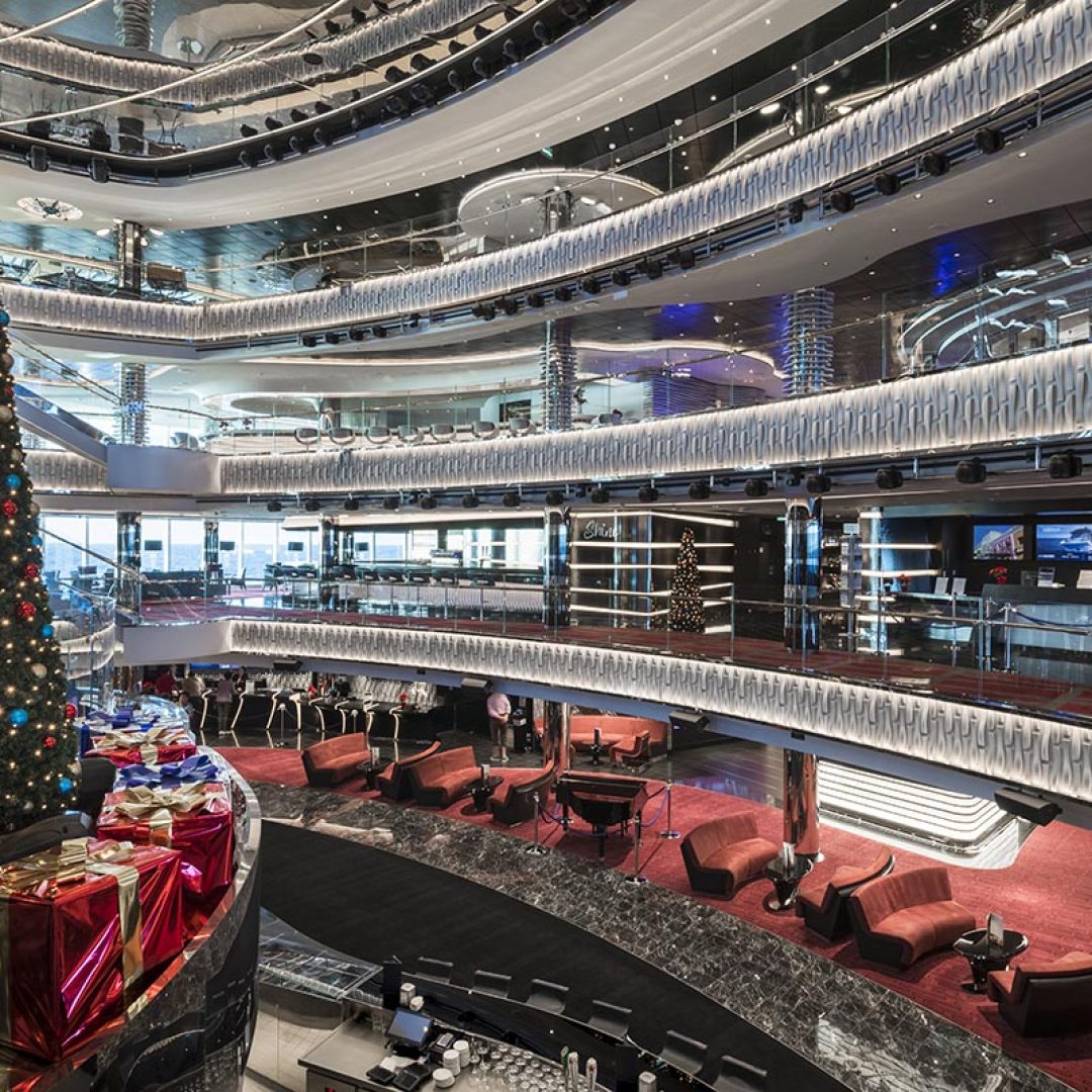 A Christmas tree in the atrium of MSC Seaside.