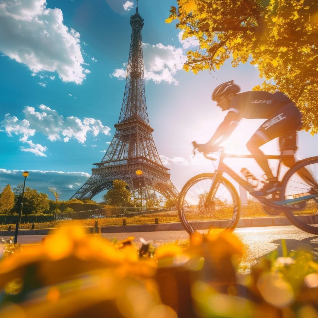 Cyclist in the park and the Eiffel Tower. A man in sports equipment rides a bicycle. Paris in spring.