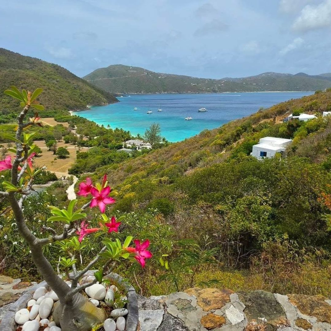 A view across lush hills and the ocean in Guana Island in the British Virgin Islands
