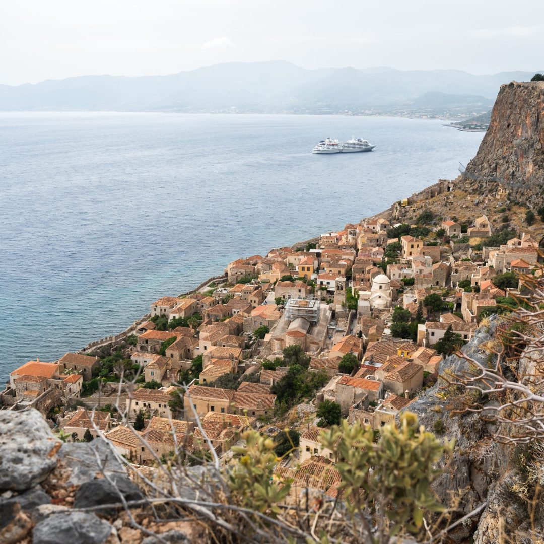 Wide angle shot of Silver Cloud from the top of Monemvasia