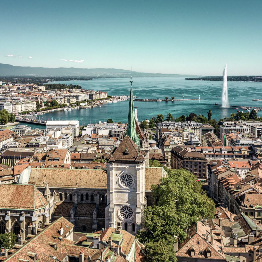 Aerial view of Kathedrale Genf in summer with sea and Jet d Eau