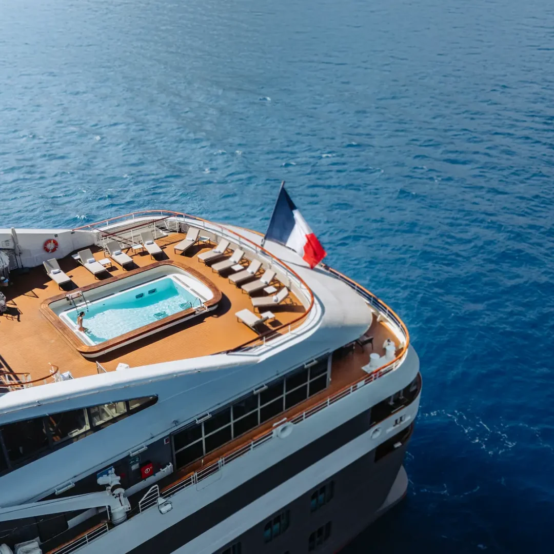 Aerial view of a ship sailing the Med